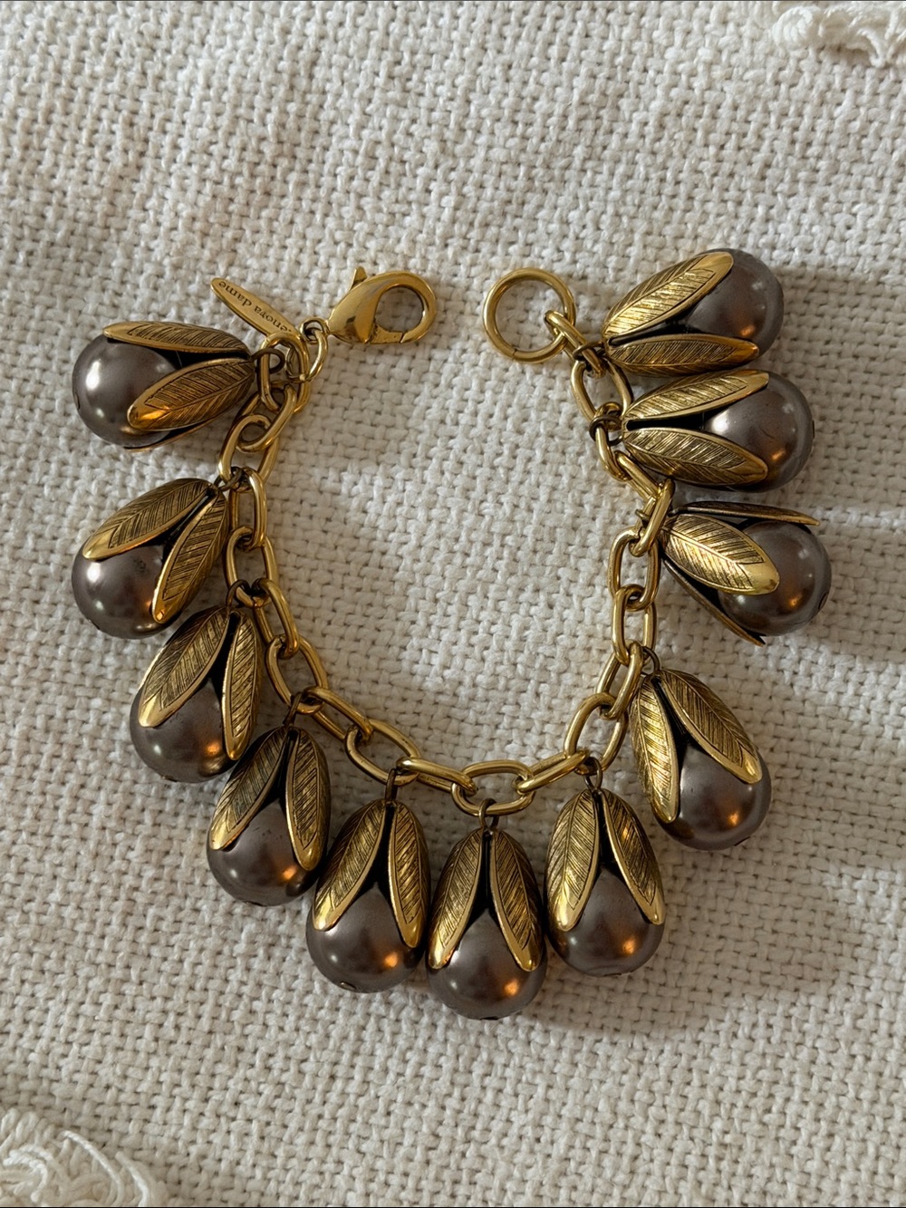 Vtg Anthropologie Lenora Dame Chunky Brass Faux Pearl Charm Bracelet 2010s